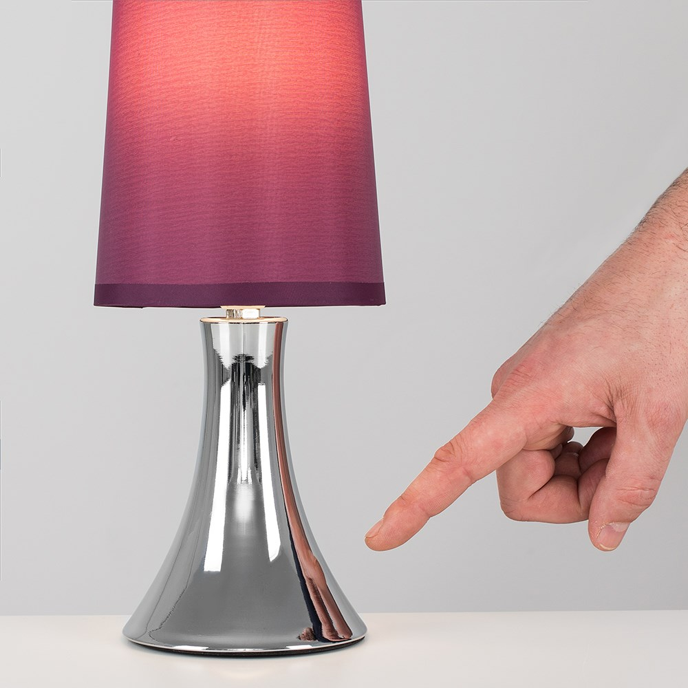 Small Trumpet Touch Table Lamp in Chrome with Purple Shade