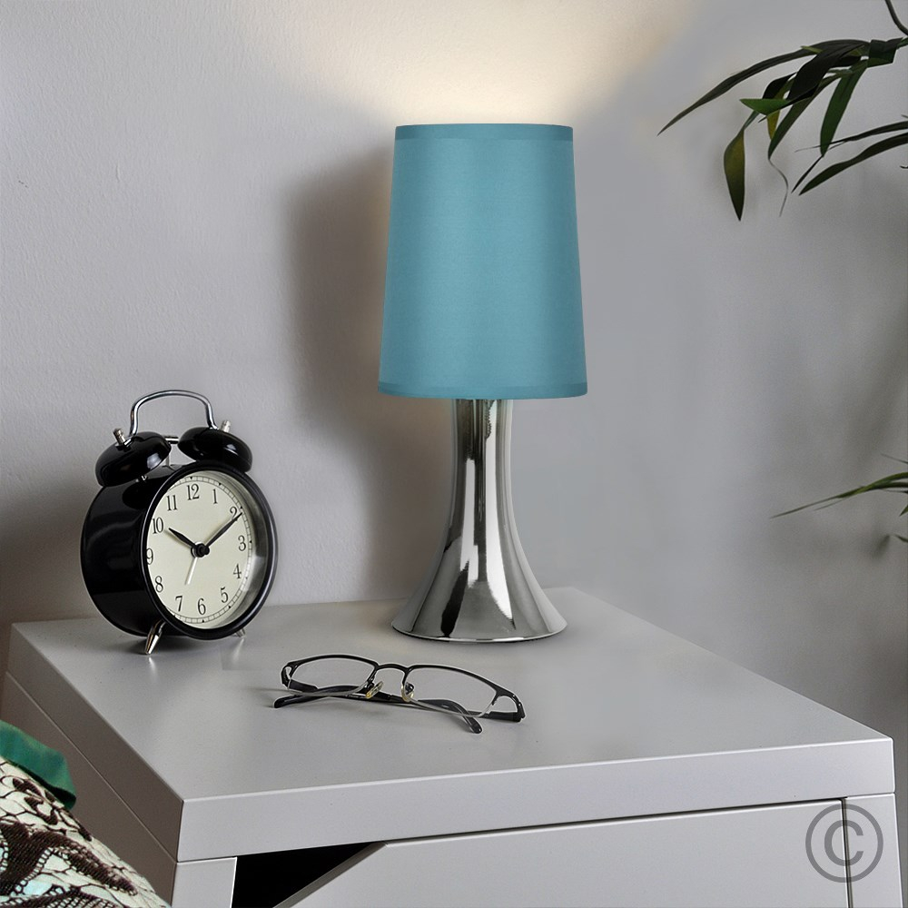 Small Trumpet Touch Table Lamp in Chrome with Teal Shade