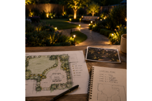 Overhead view of a hand-drawn garden lighting plan with pathways, seating areas and trees beside a softly illuminated modern British garden at dusk featuring warm path lights, wall lights and tree uplighting.