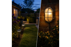 Split image comparing solar stake lights and a mains-powered bulkhead wall light in a British back garden at dusk, showing the soft ambient glow of solar lighting versus brighter wall-mounted illumination.