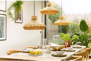 Two rattan pendant shades among large plants on white, wooden backdrop.
