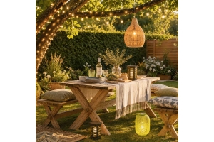 Outdoor garden dining with rattan pendant light, festoon lights, rustic wooden table and decorative outdoor lanterns creating a cosy alfresco entertaining space.