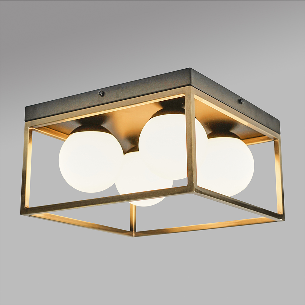 Beauworth 4 Way Matt Black and Antique Brass Ceiling Light with Opal Shades