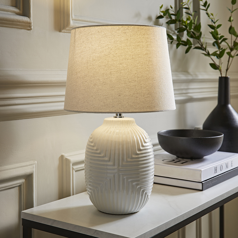 Harrison Medium White Geo Ribbed Gloss Table Lamp