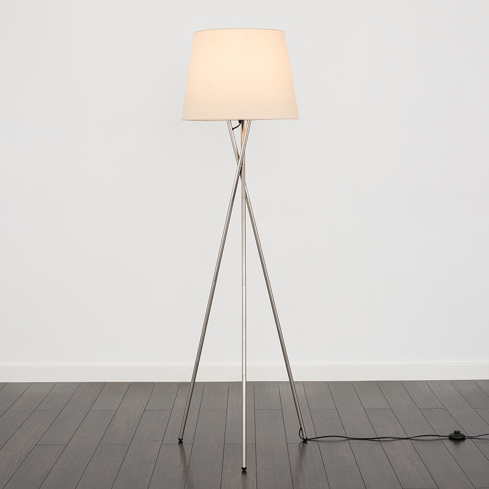 Camden Brushed Chrome Tripod Floor Lamp with XL Beige Aspen Shade