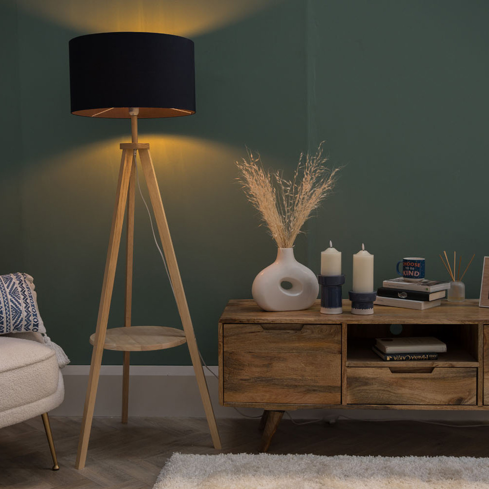 Morrigan Light Wood Tripod Floor Lamp with Large Reni Shade in Navy