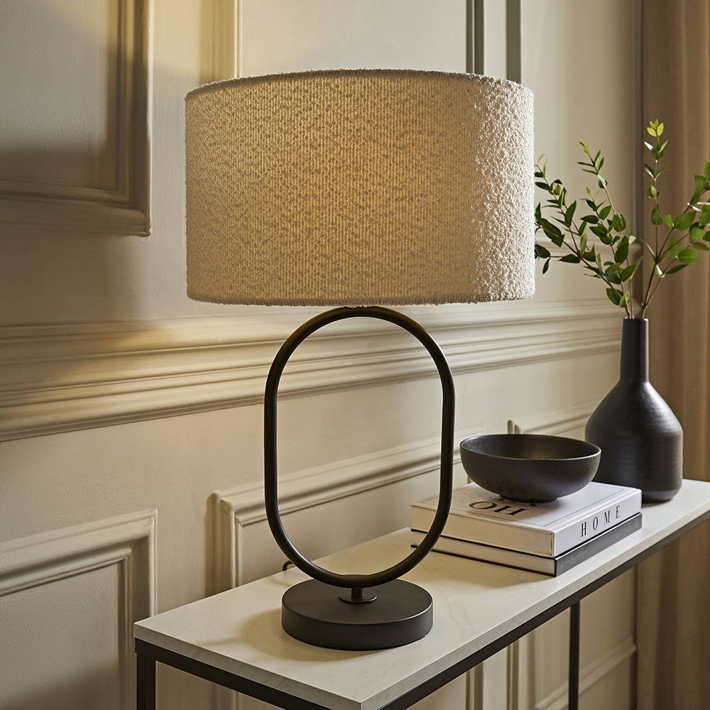 Antonia Matte Black Oval Table Lamp with Cream Boucle Shade