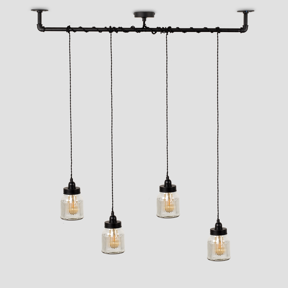 Luiggi Steampunk 4 Way Ceiling Light in Black with Ribbed Jar Shades