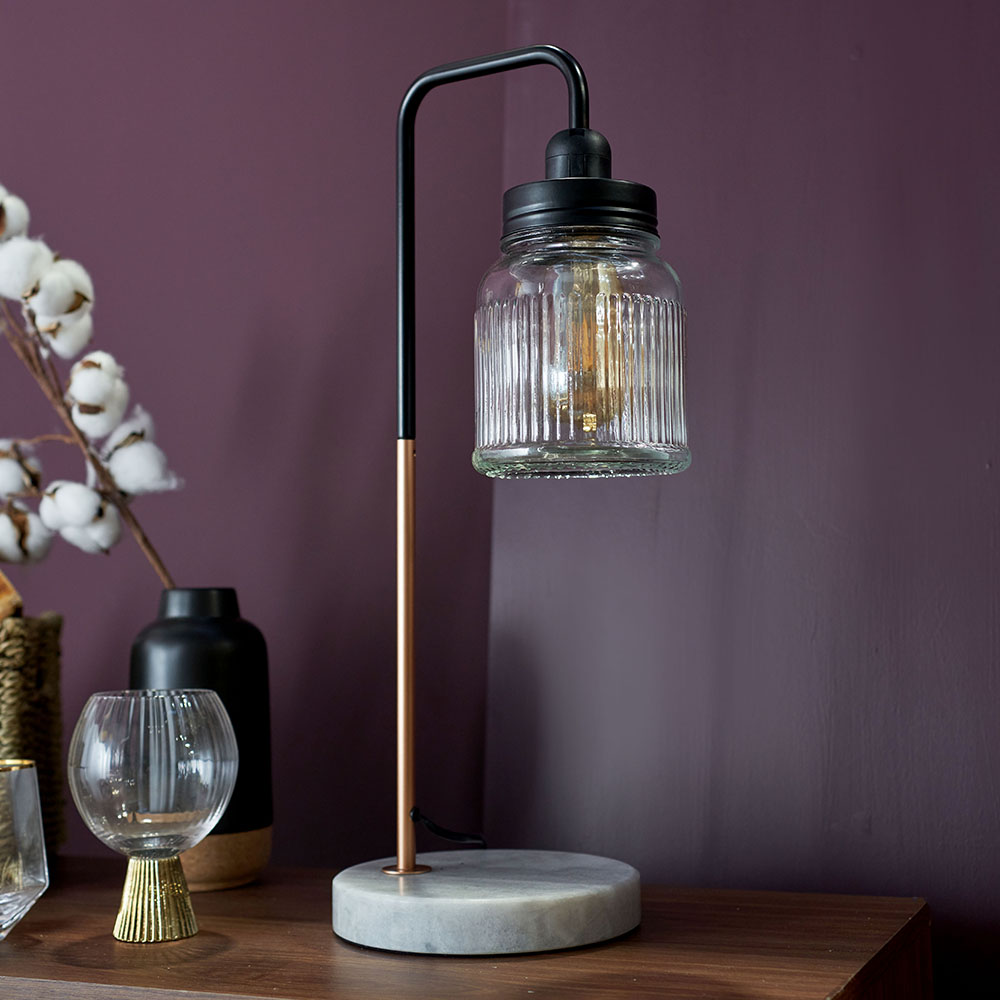 Talisman Gold Table Lamp With Ribbed Glass Jam Jar Shade