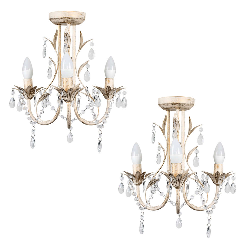 Pair of Odelia 3 Way Chandelier in White and Gold with Clear Droplets