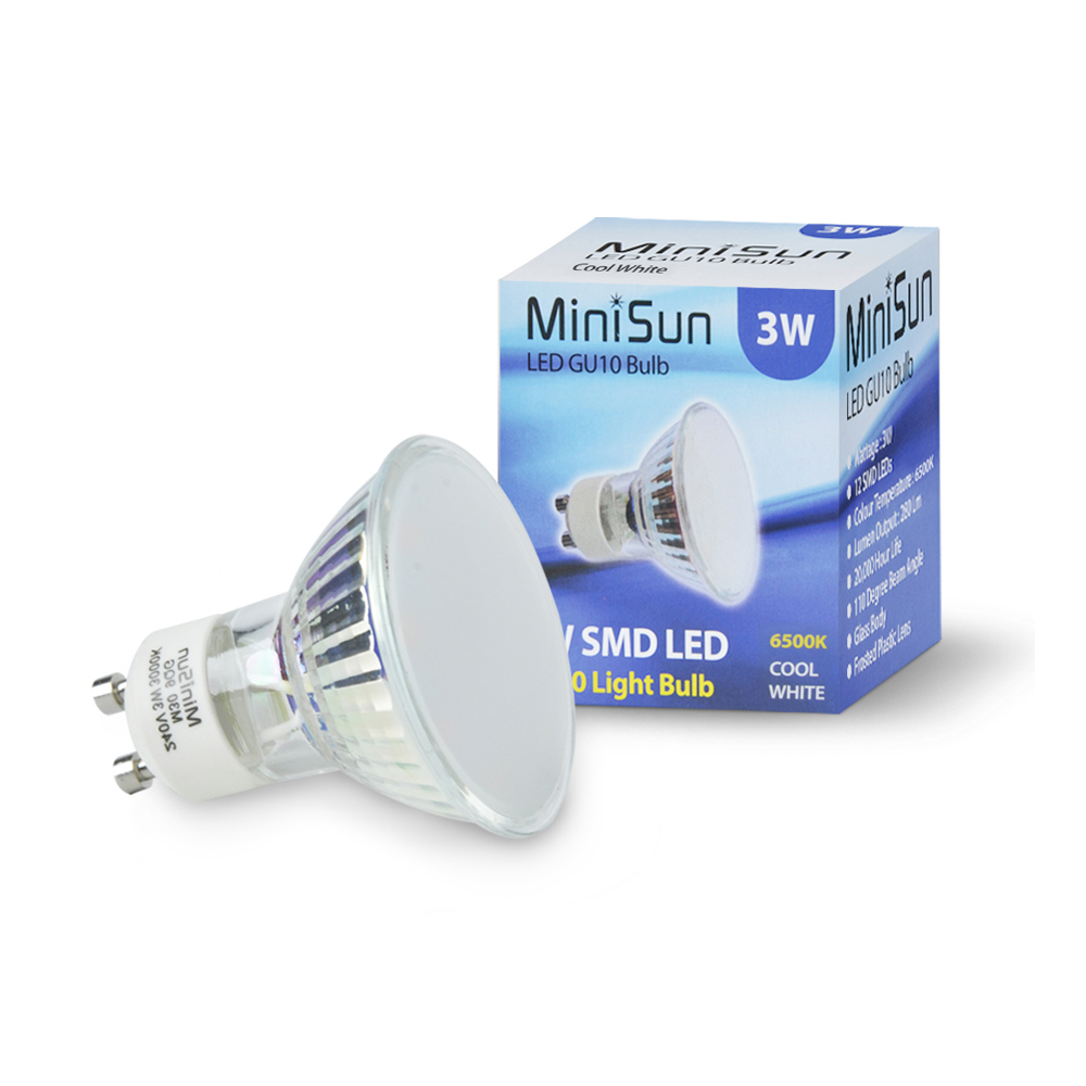 4x Minisun Glass Bodied GU10 LED 3W Spotlight Bulb, Daylight / Cool W