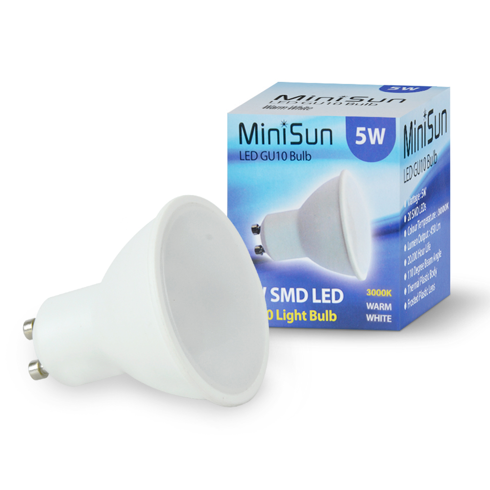 4x Minisun Plastic GU10 LED 5W Spotlight Bulb, Warm White