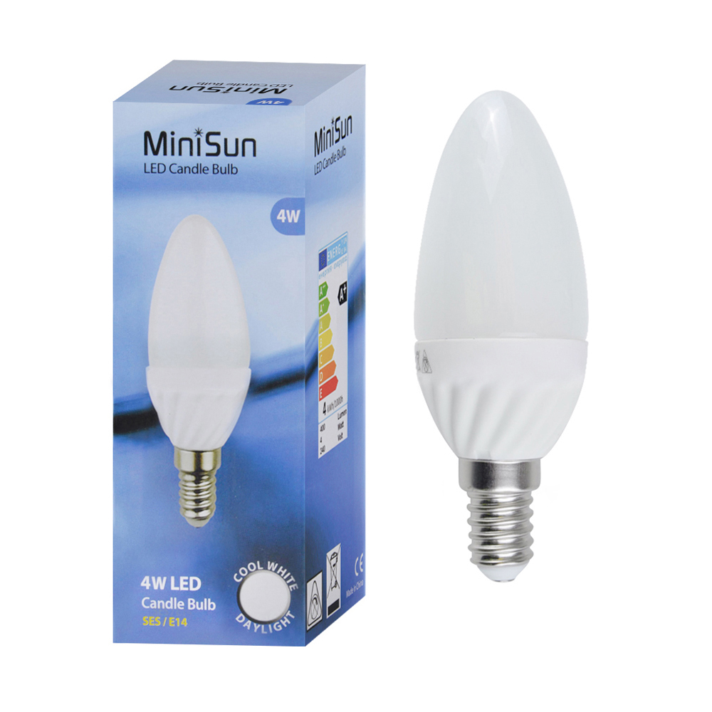 MiniSun 4 x 4W Frosted Candle LED Bulbs in Daylight with SES Cap