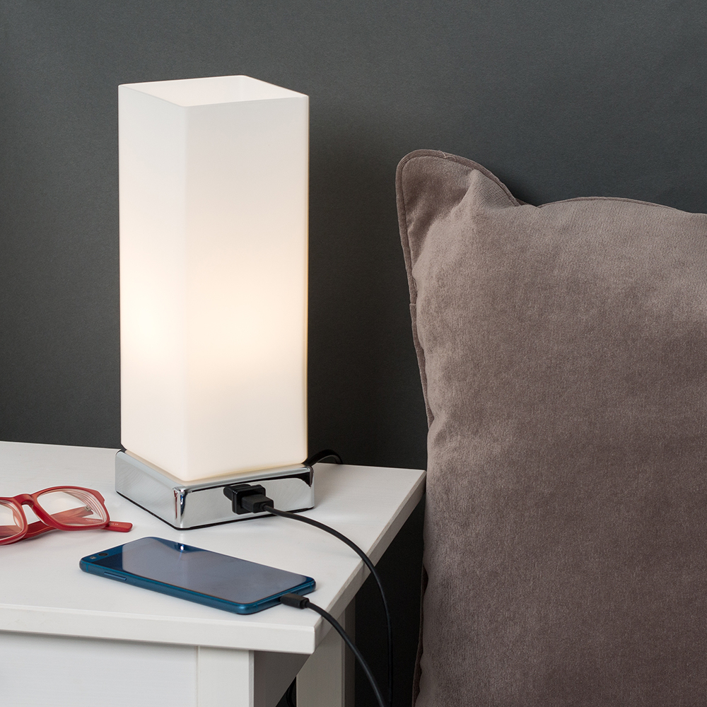 Lazio Chrome and Frosted Glass Rectangular Touch Table Lamp With USB