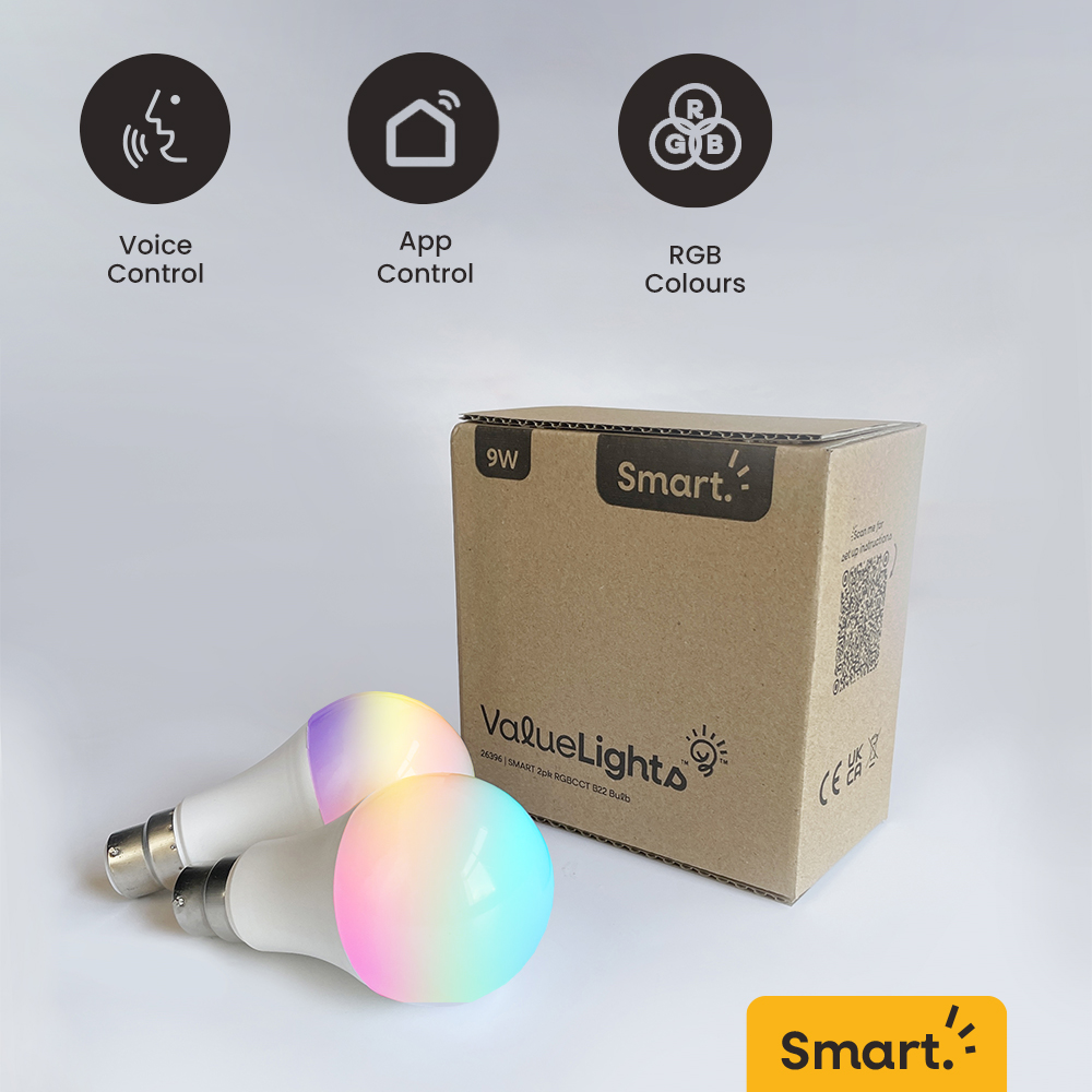 SMART Pack of Two 9W LED RBG BC B22 GLS Bulbs