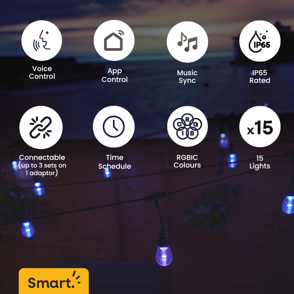 SMART Set of 15 IP65 Connectable LED RGB Festoon Lights