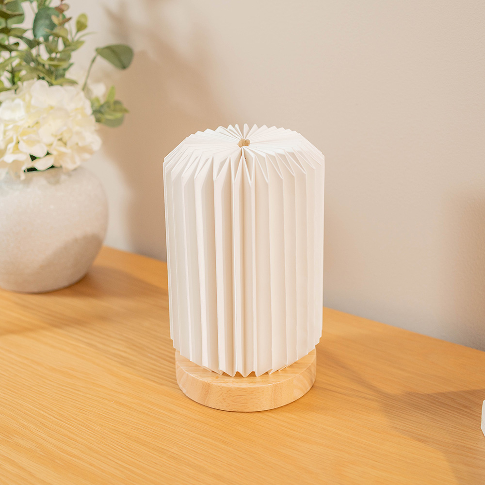 Maja Wooden Table Lamp with Pleated Cylinder Shade