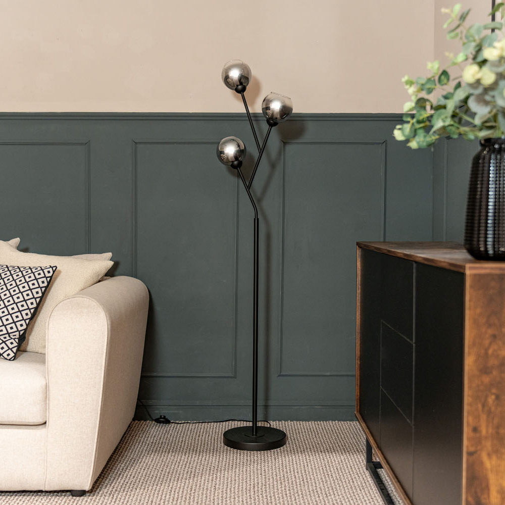 Aria Black 3 Way Floor Lamp with Smoked Glass Shades