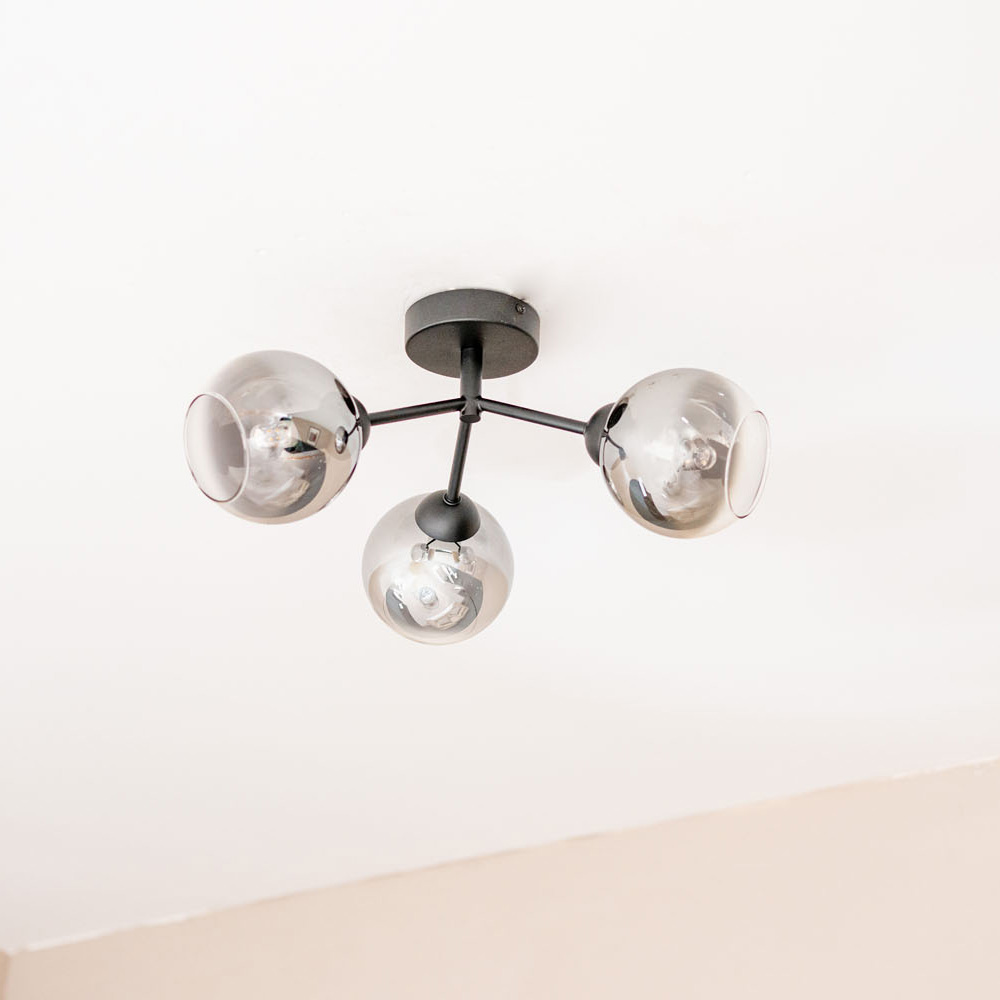 Aria Black 3 Way Flush Ceiling Light with Smoked Glass Shades