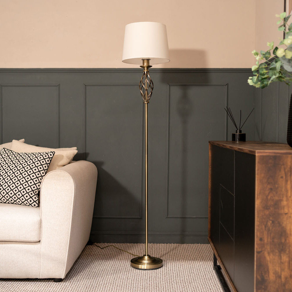 Memphis Antique Brass Twist Floor Lamp with Tapered Shade