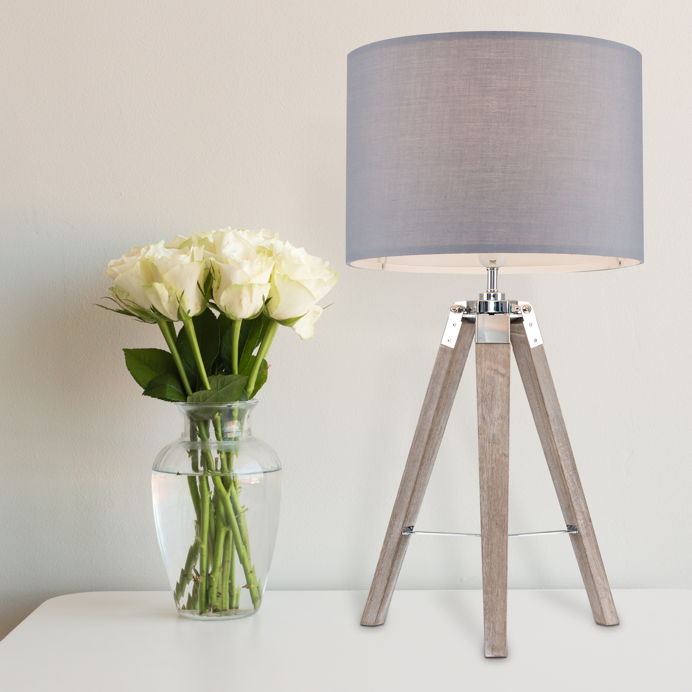 Light Wood Tripod Table Lamp With Grey, Grey Wood Table Lamp Base