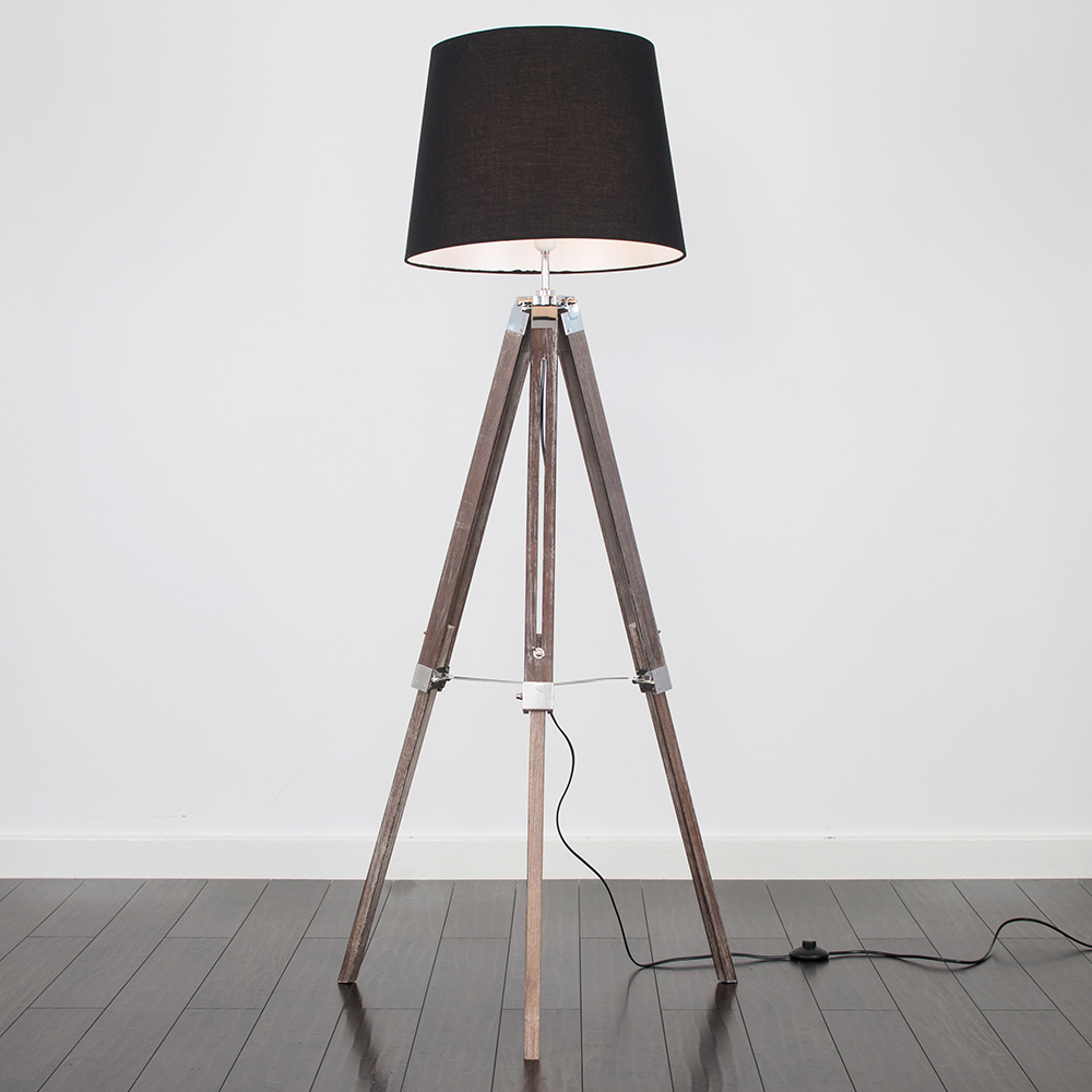 Clipper Light Wood Tripod Floor Lamp with Black Aspen Shade
