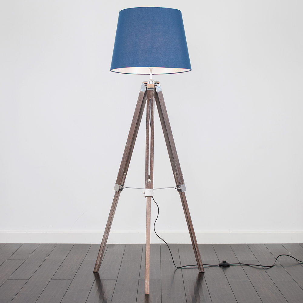 Clipper Light Wood Tripod Floor Lamp with Navy Blue Aspen Shade