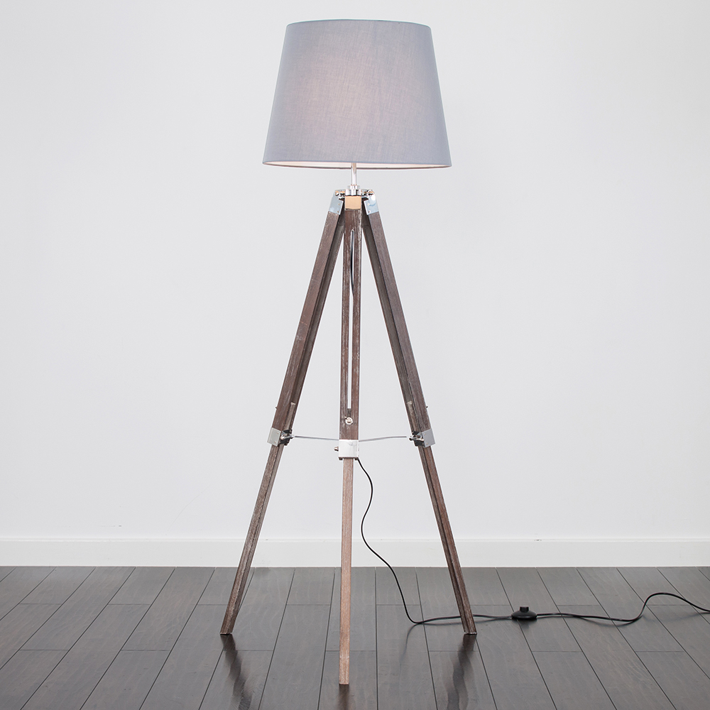 Clipper Light Wood Tripod Floor Lamp with Grey Aspen Shade