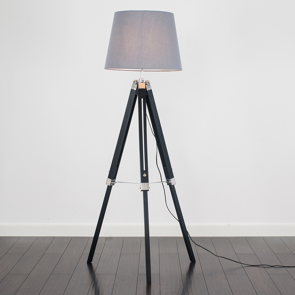 Clipper Black and Chrome Tripod Floor Lamp with Grey Aspen Shade