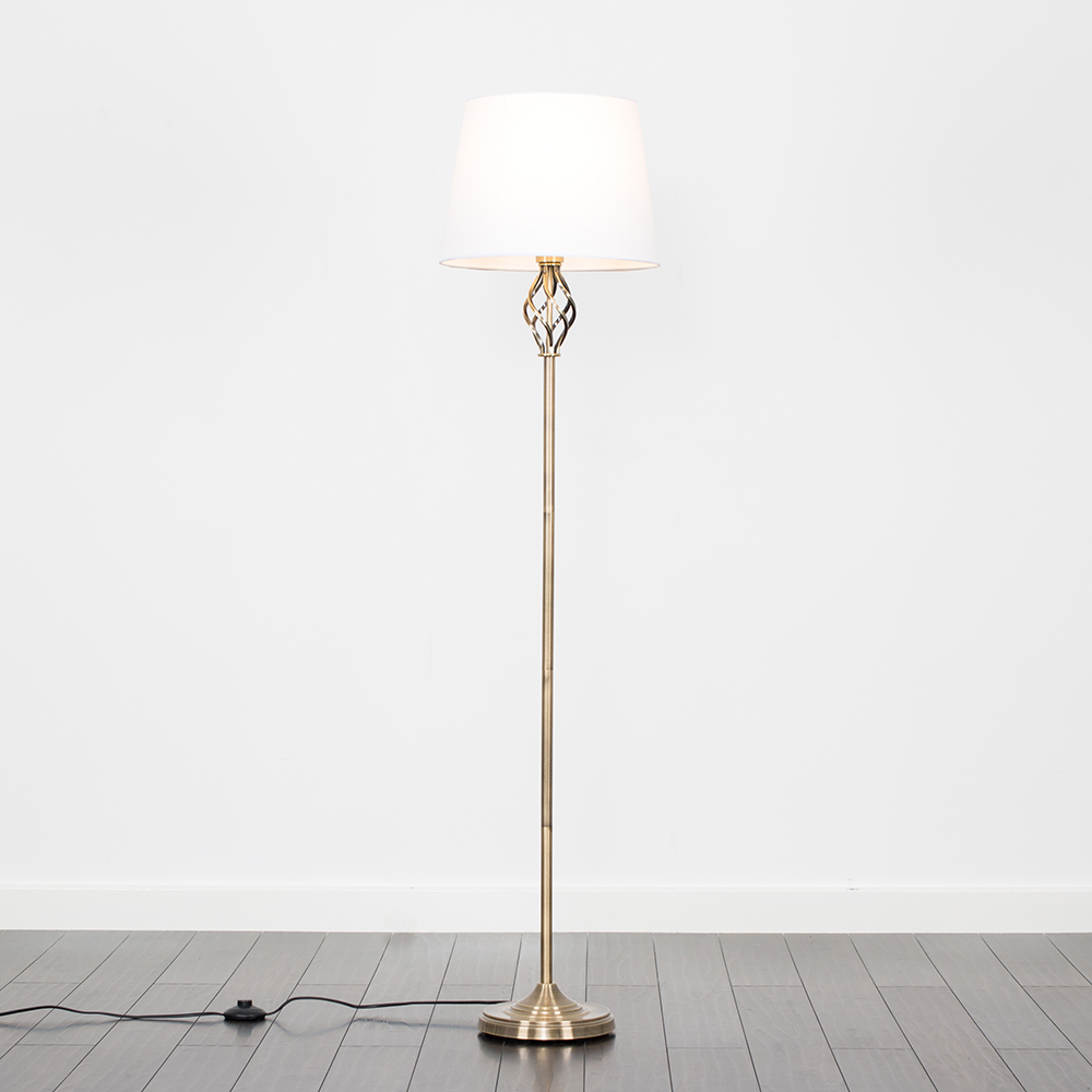 Memphis Antique Brass Floor Lamp with White Aspen Shade