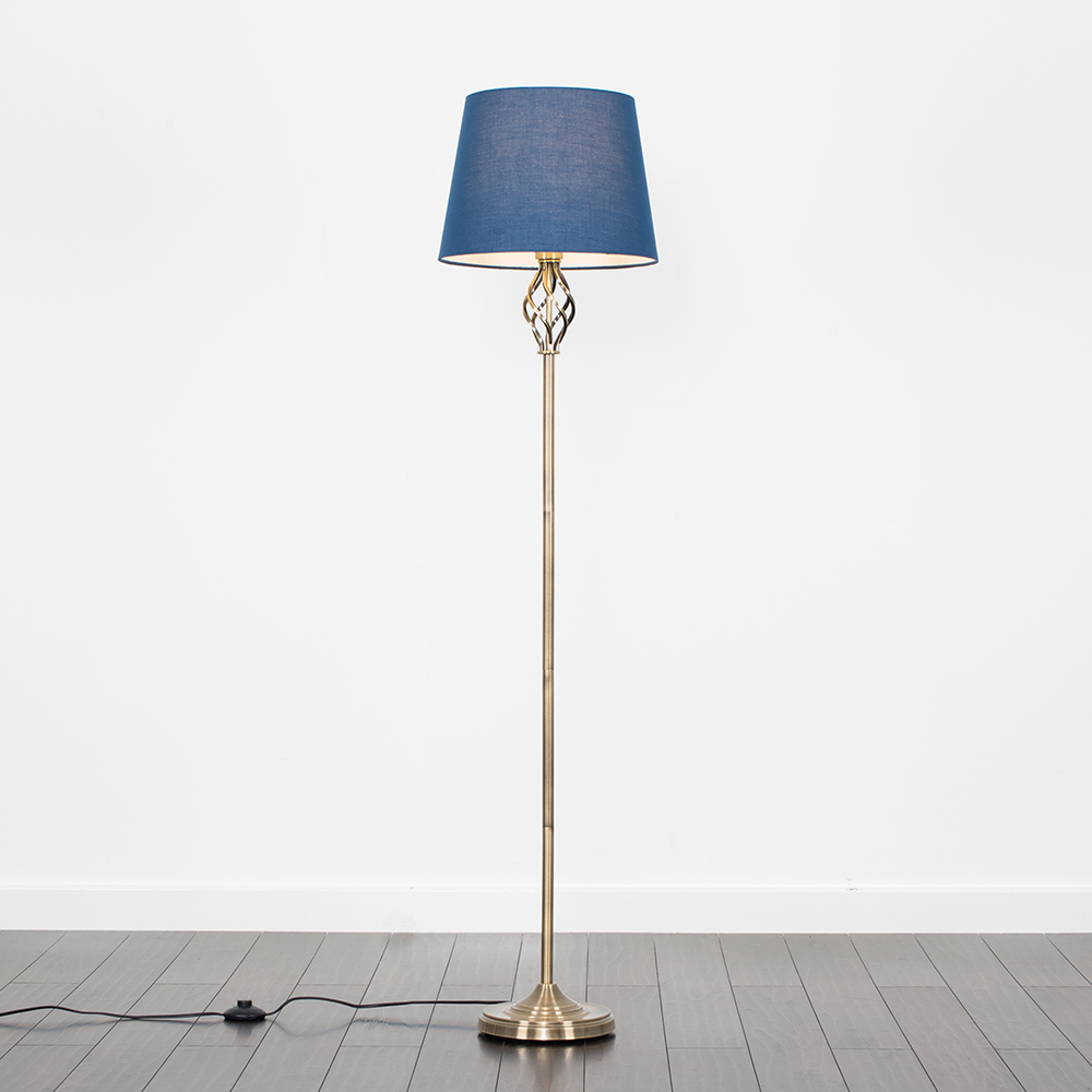 Memphis Antique Brass Floor Lamp with Navy Blue Aspen Shade