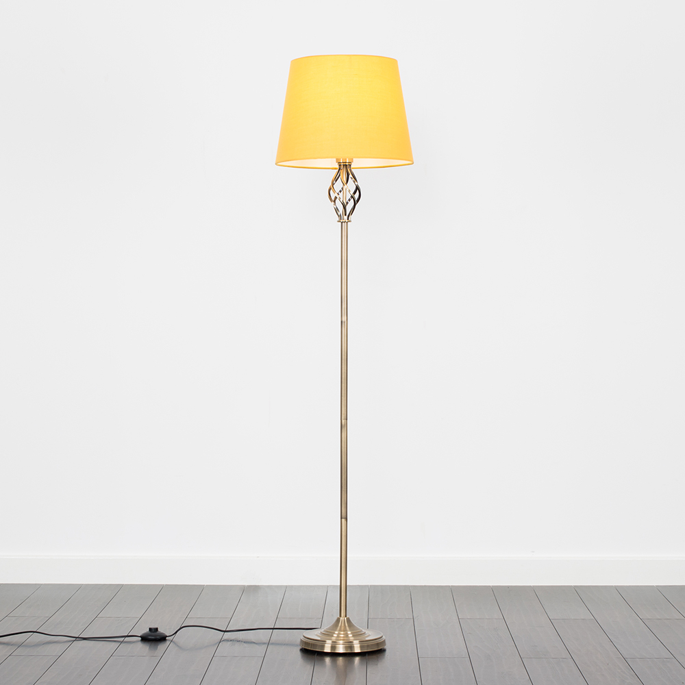Memphis Antique Brass Floor Lamp with Mustard Tapered Shade