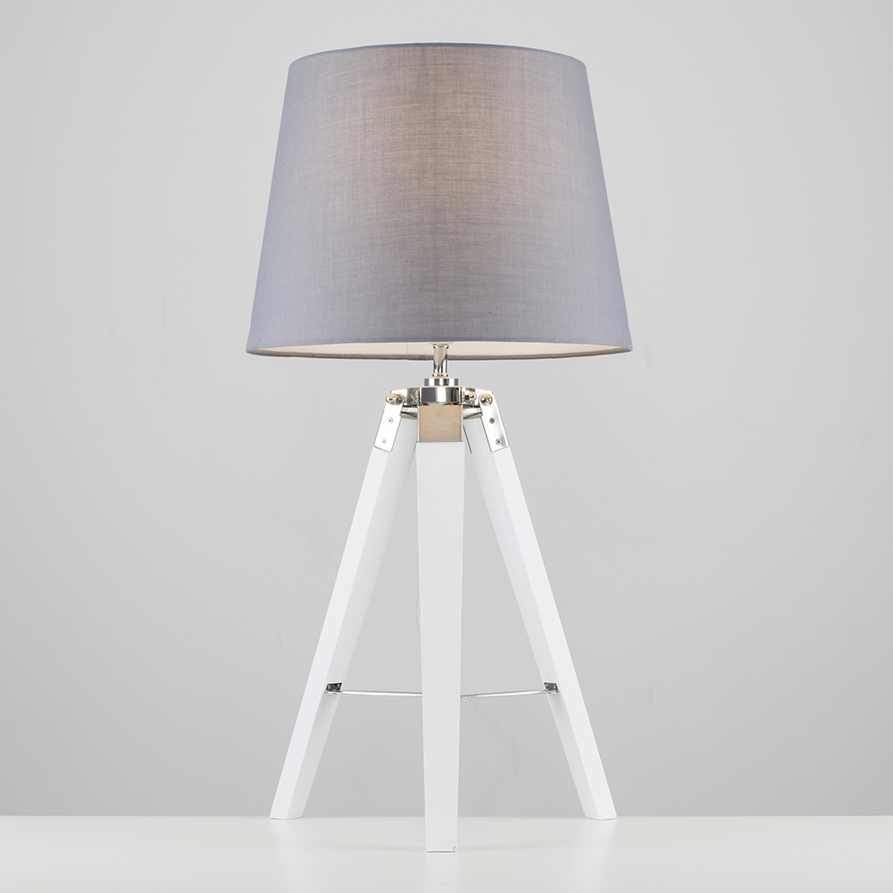 Clipper White and Chrome Tripod Table Lamp with Grey Aspen Shade