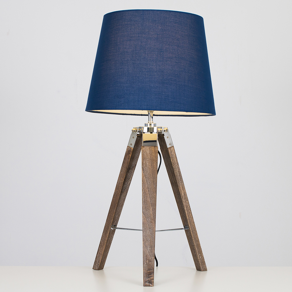 Clipper Light Wood Tripod Table Lamp with Navy Blue Aspen Shade