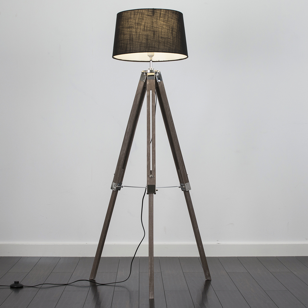 Clipper Light Wood Tripod Floor Lamp with Black Doretta Shade