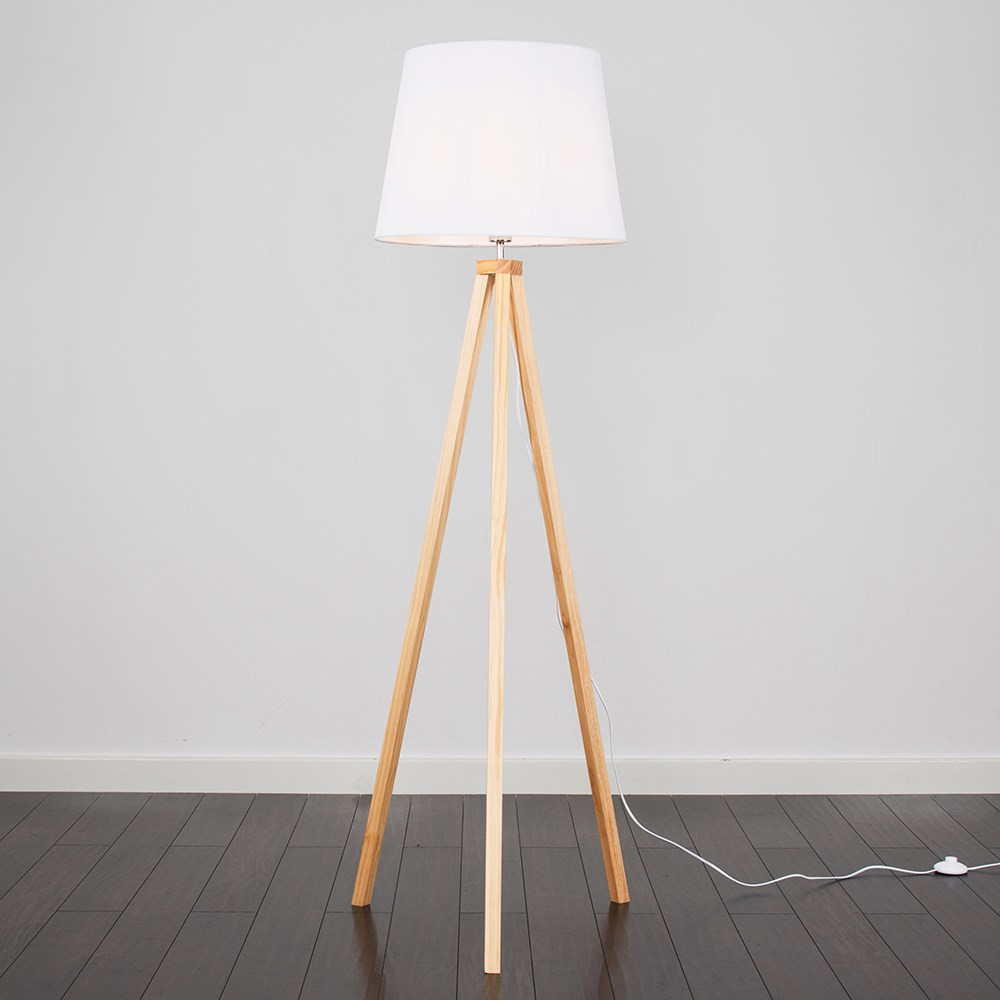 Barbro Light Wood Tripod Floor Lamp with XL White Aspen Shade