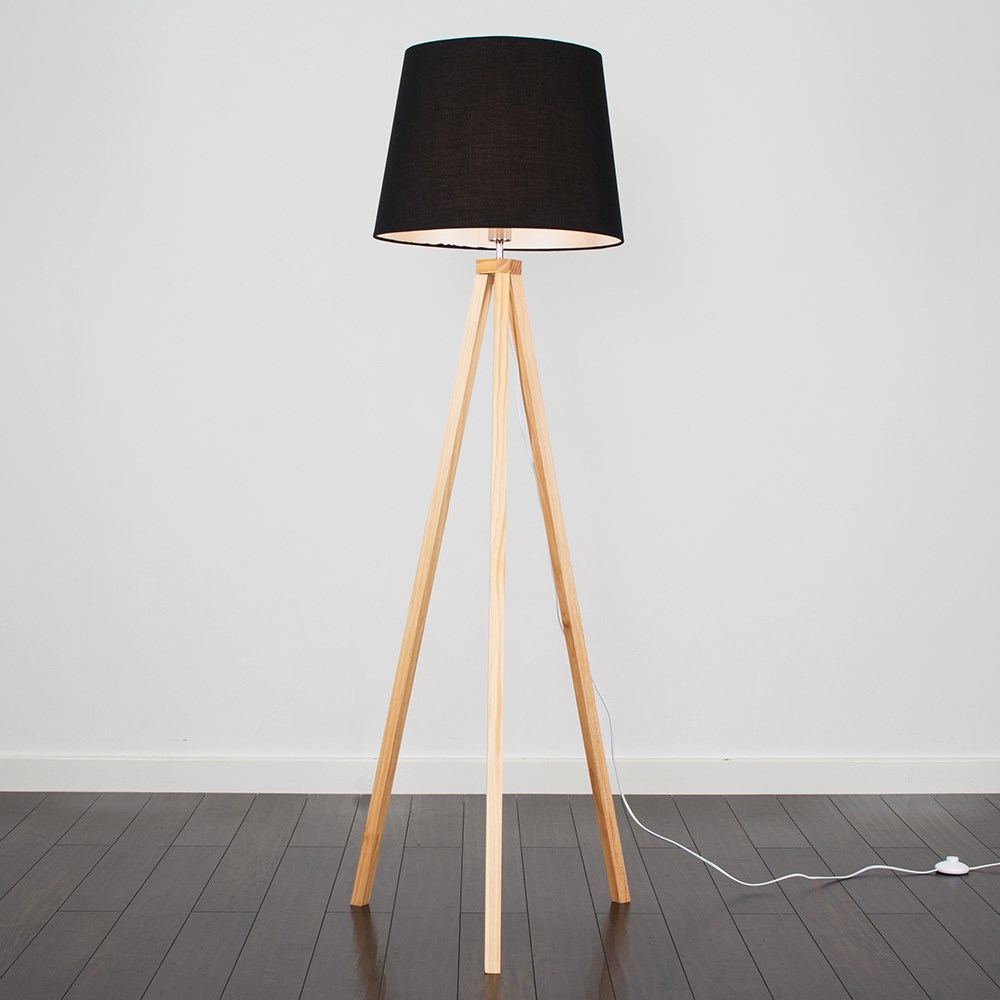 Barbro Light Wood Tripod Floor Lamp with XL Black Aspen Shade