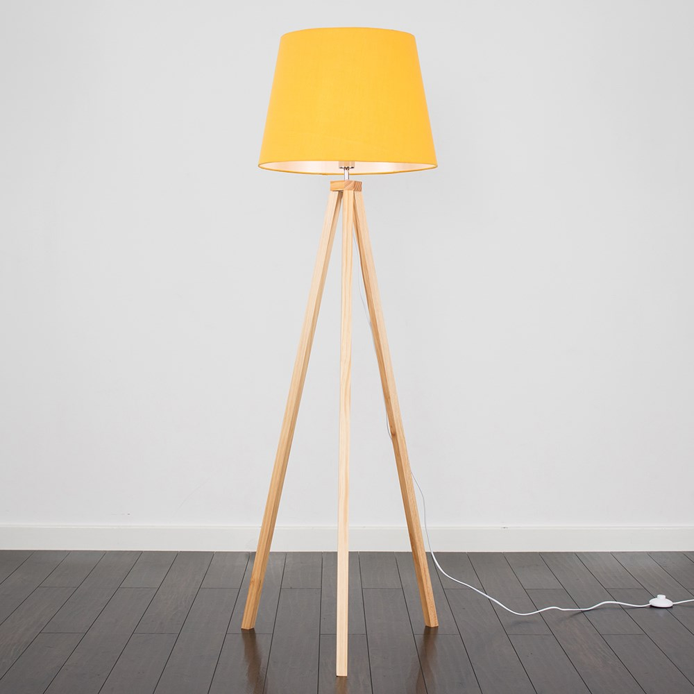 Barbro Light Wood Tripod Floor Lamp with XL Mustard Aspen Shade