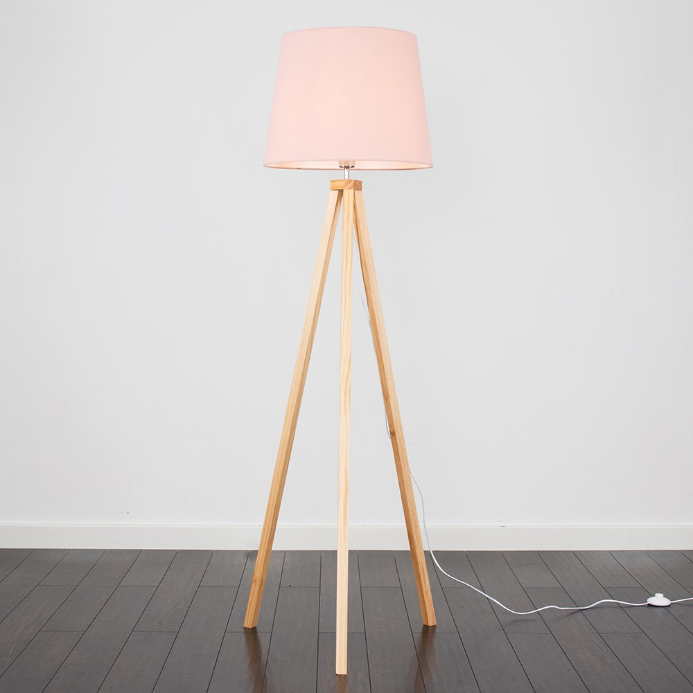Barbro Light Wood Tripod Floor Lamp with XL Dusty Pink Aspen Shade