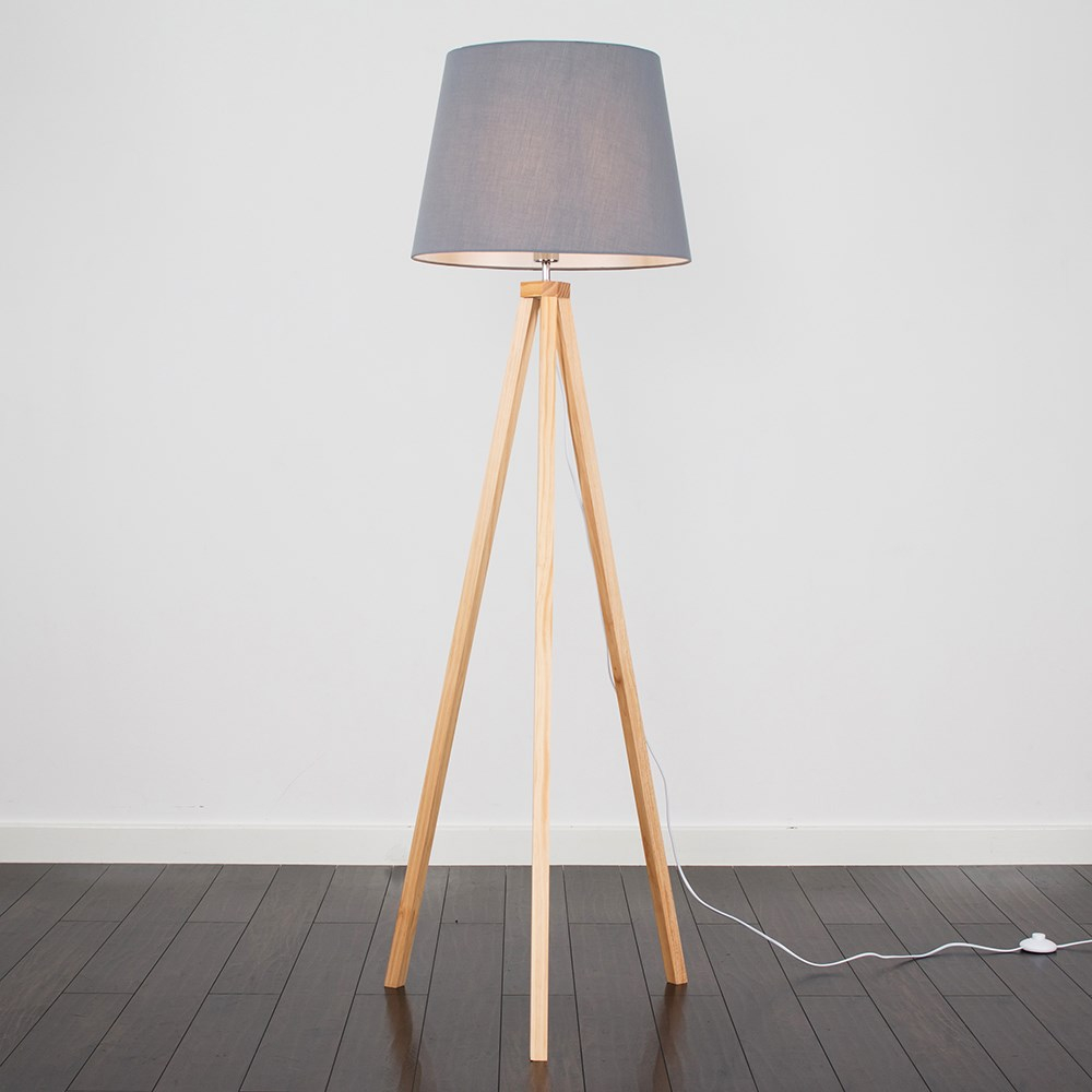 Barbro Light Wood Tripod Floor Lamp with XL Grey Aspen Shade