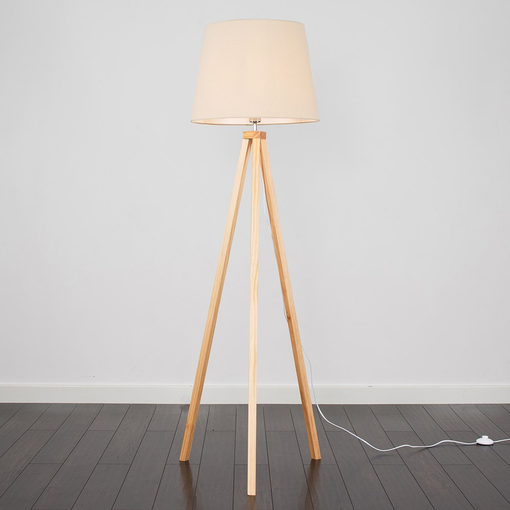 Barbro Light Wood Tripod Floor Lamp with XL Beige Aspen Shade