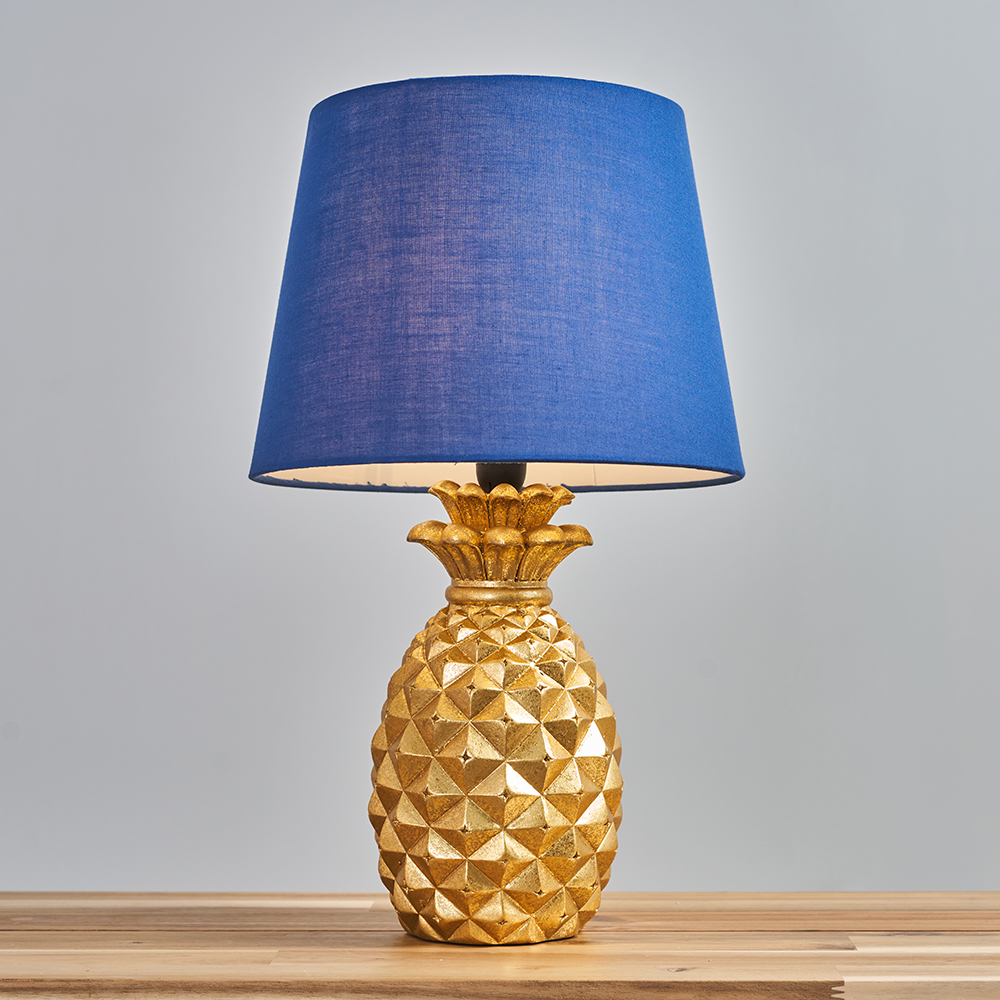 Pair of Pineapple Gold Table Lamps with Navy Blue Aspen Shades