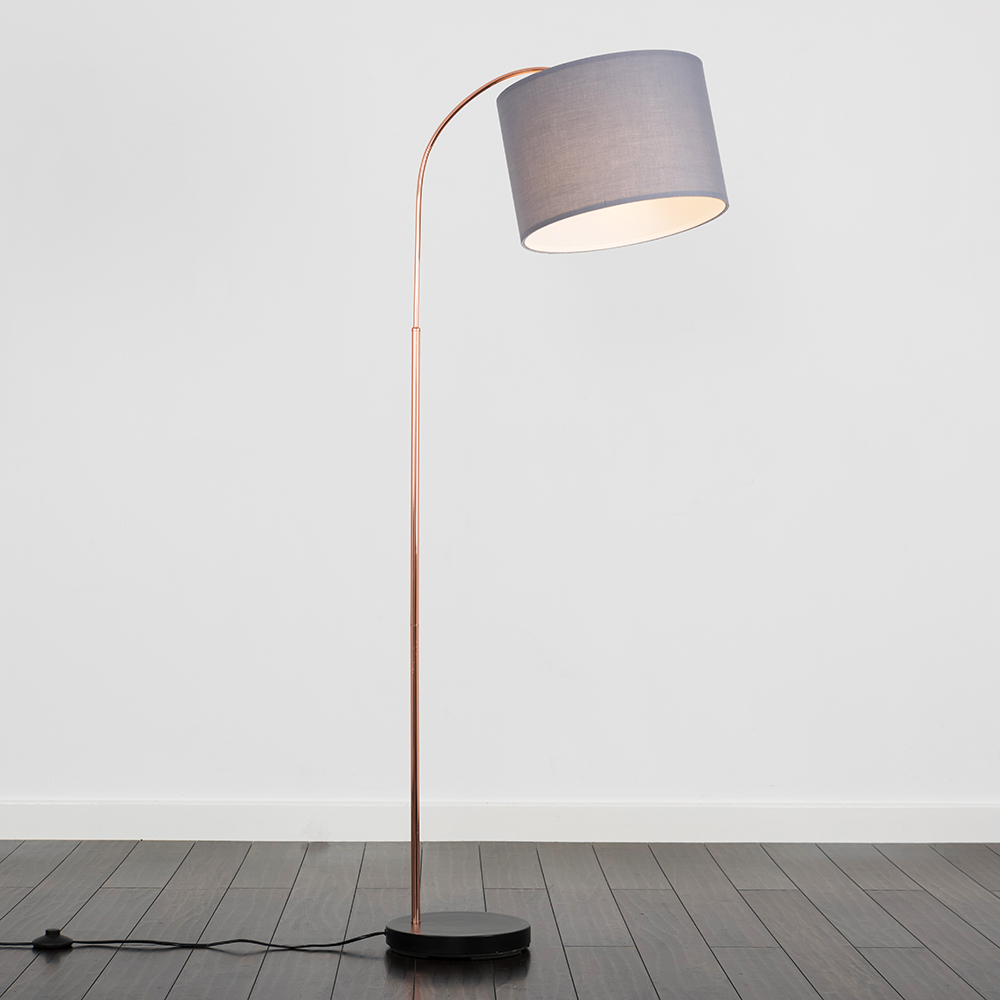 Curva Copper And Black Floor Lamp With Large Grey Rolla Shade