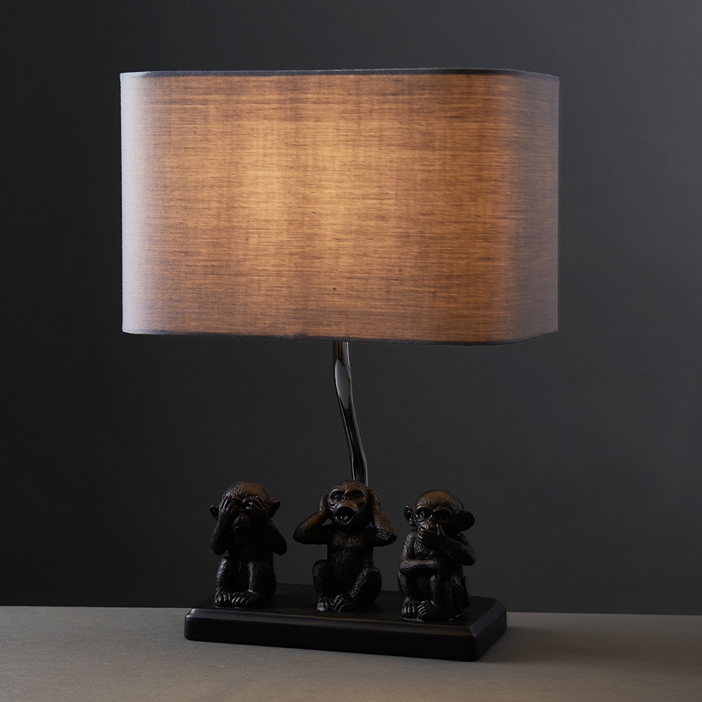 Pair of Three Wise Monkeys Table Lamps with Grey Shades