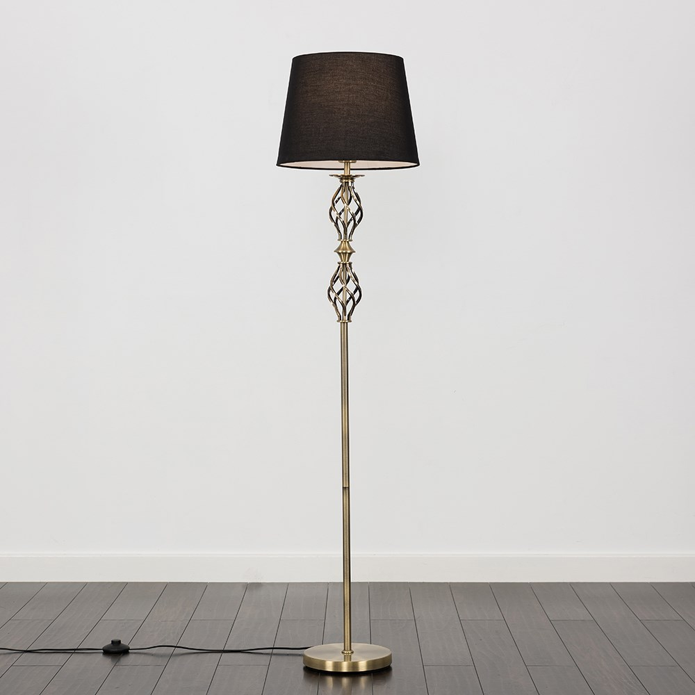 Pembroke Antique Brass Twist Floor Lamp with Black Aspen Shade
