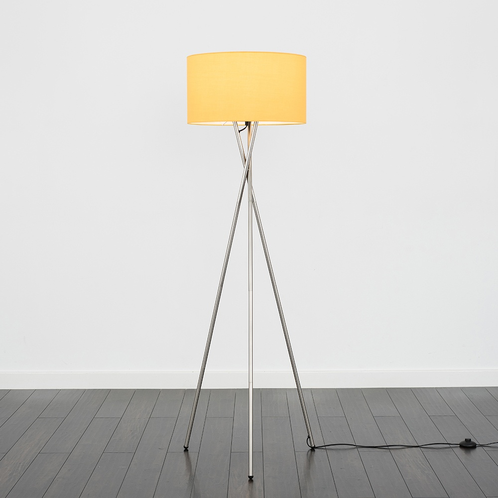 Camden Brushed Chrome Tripod Floor Lamp with XL Mustard Reni Shade