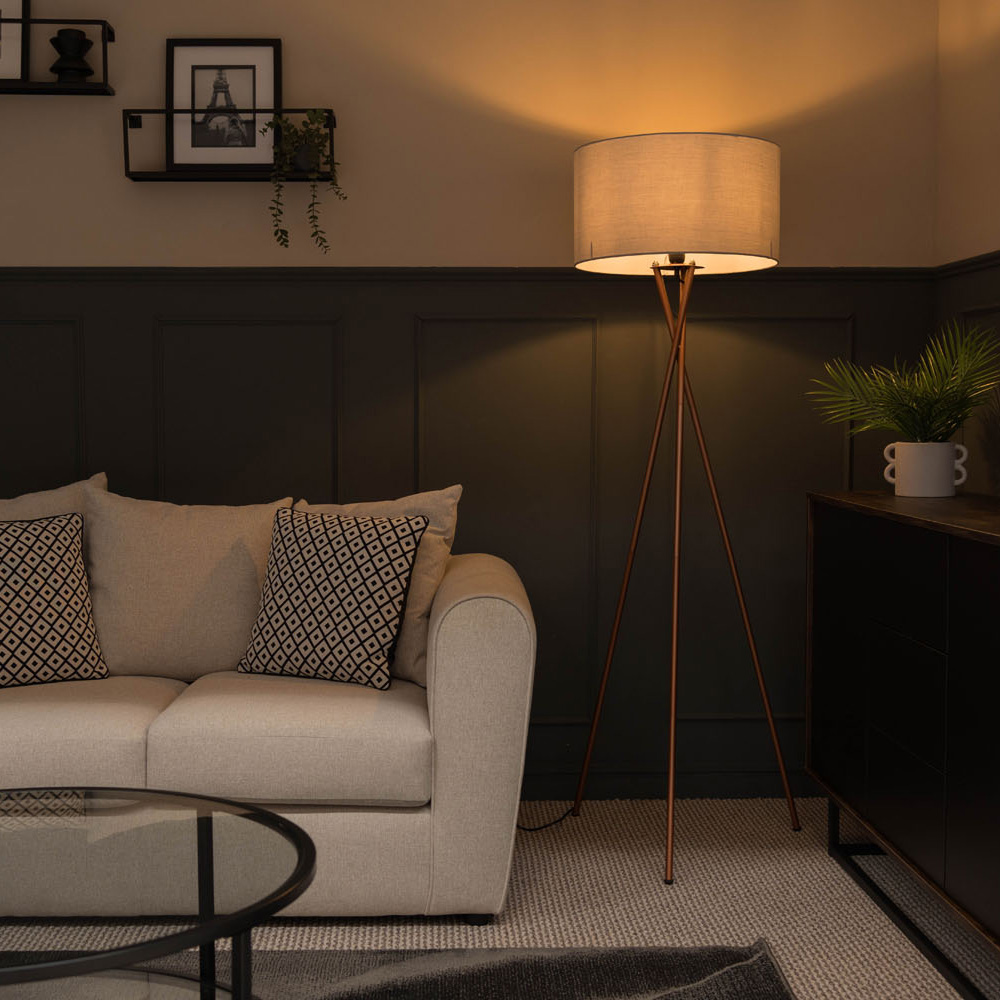 Camden Copper Tripod Floor Lamp with Large Reni Shade in Grey