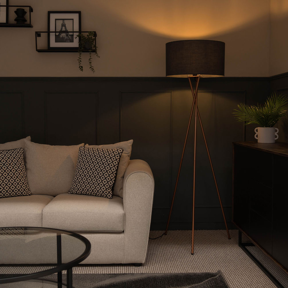Camden Copper Tripod Floor Lamp with Large Reni Shade in Charcoal