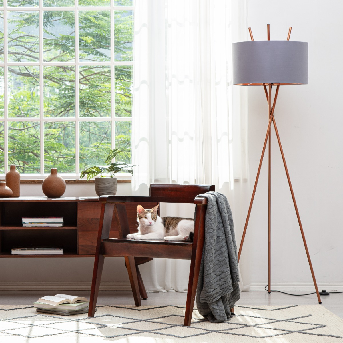 Crawford Copper Tripod Floor Lamp with XL Grey and Copper Reni Shade