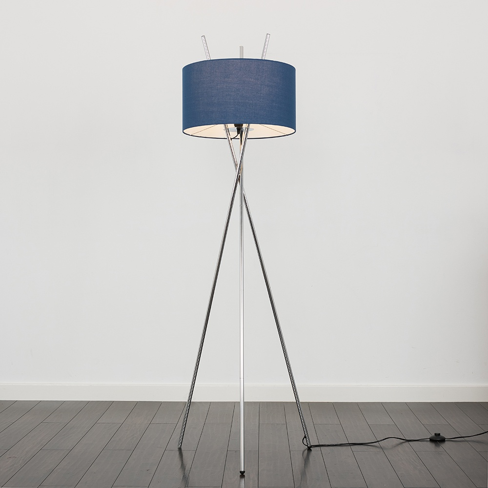 Crawford Chrome Tripod Floor Lamp with XL Navy Blue Reni Shade